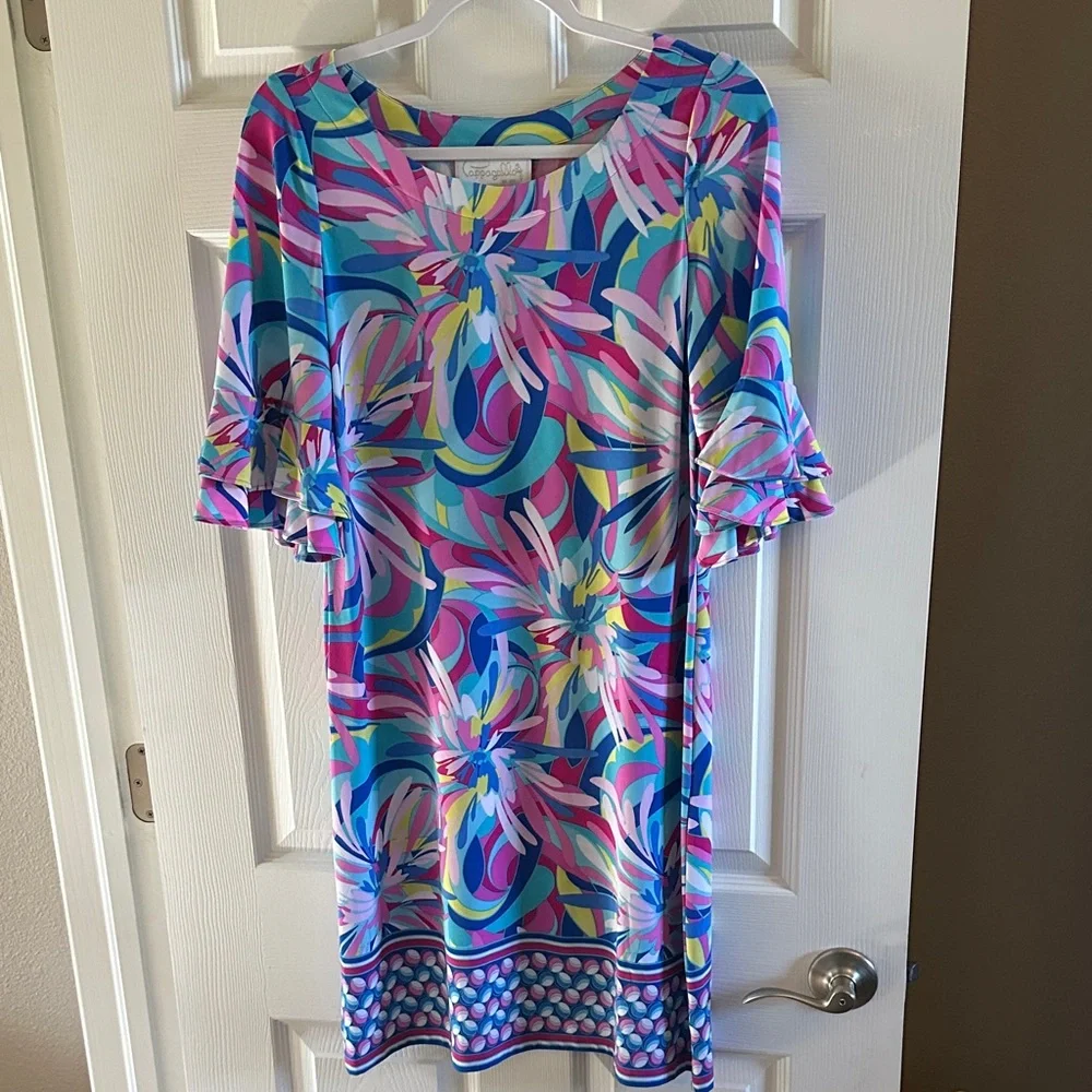 Pappagallo Vibrant Multicolor Dress with Ruffle Sleeves S